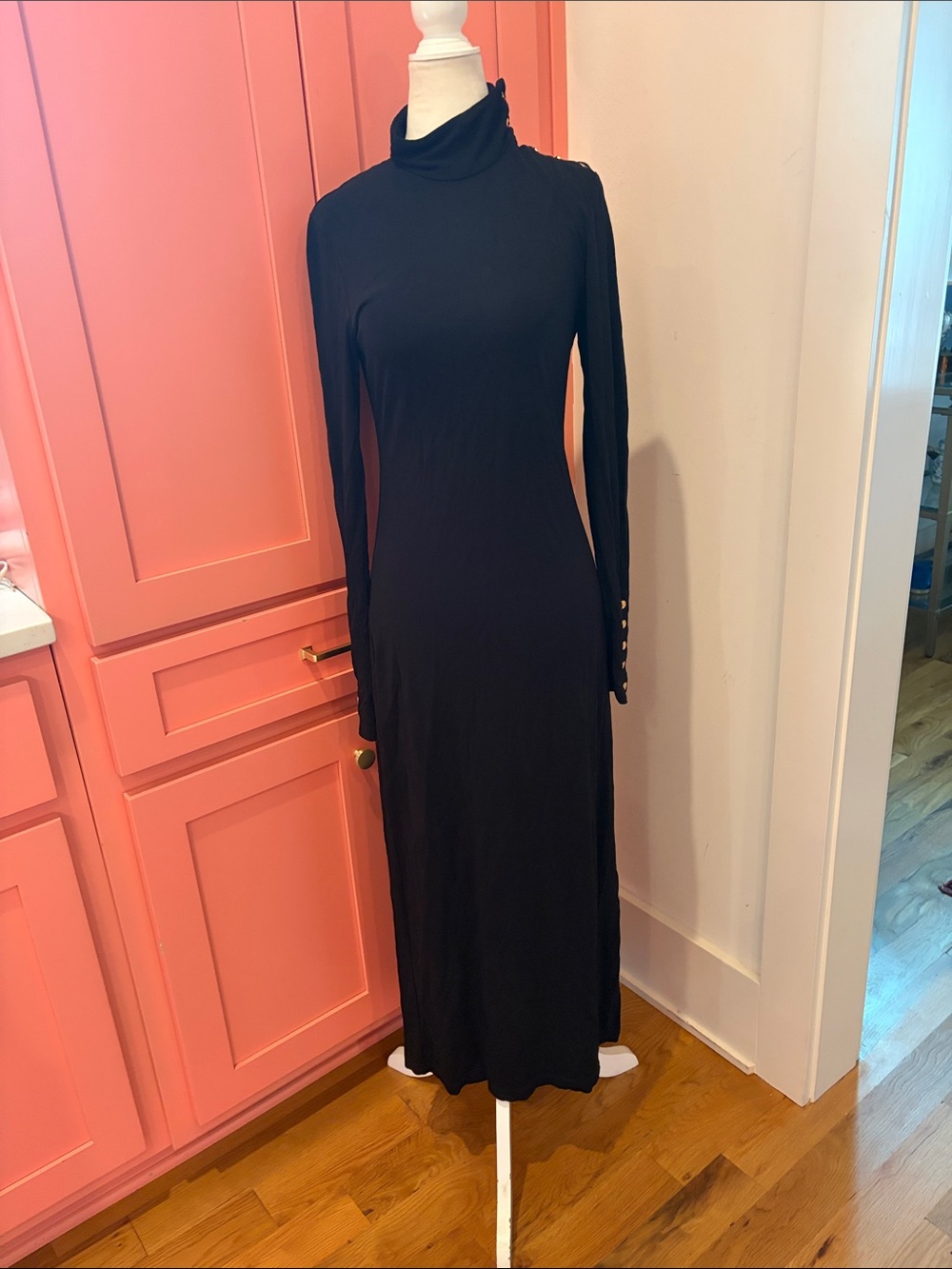 Tory Burch Black Knit Midi dress with Gold Snaps